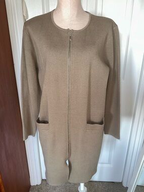 Bailey Long Zip-Front Knit Cardigan in Warm Taupe